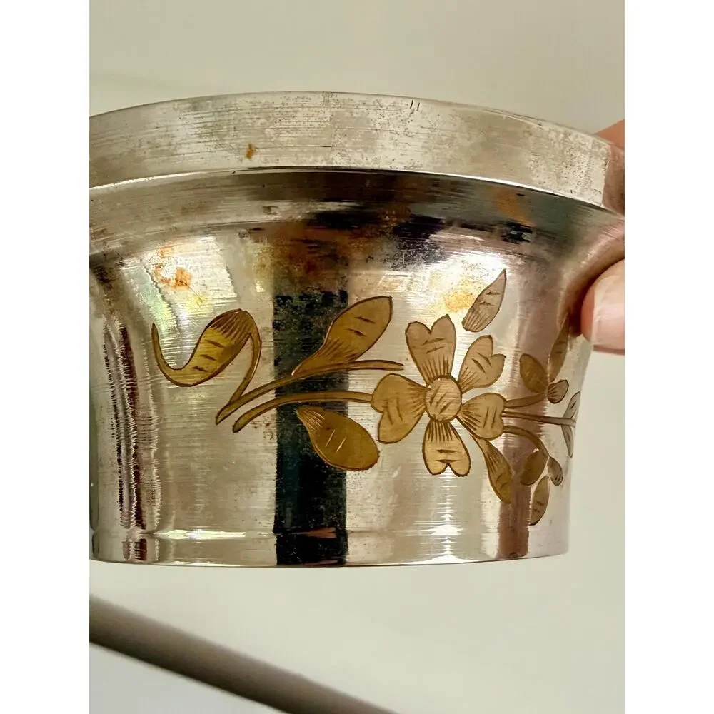 Vintage Etched Brass Inlay Wine Coaster Floral Hollywood Regency Catchall